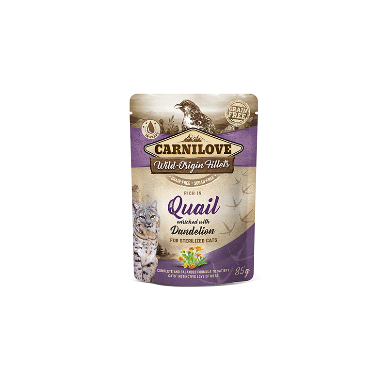 Carnilove Quail Dandelion Sterilized konservai su putpelių mėsa sterilizuotoms katėms, 85 g