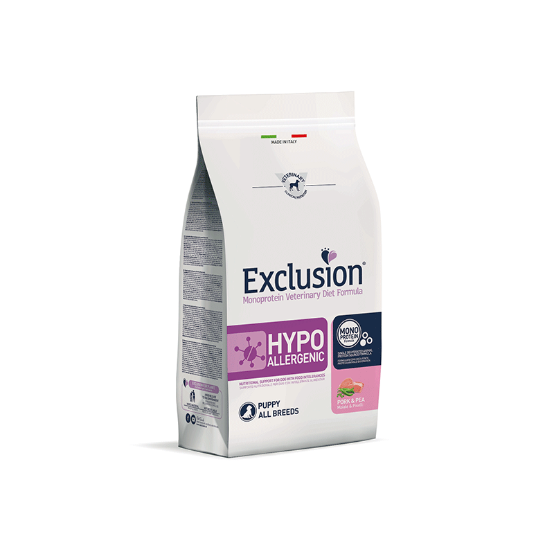 Exclusion Hypoallergenic maistas šuniukams su kiauliena ir žirniais, 12 kg