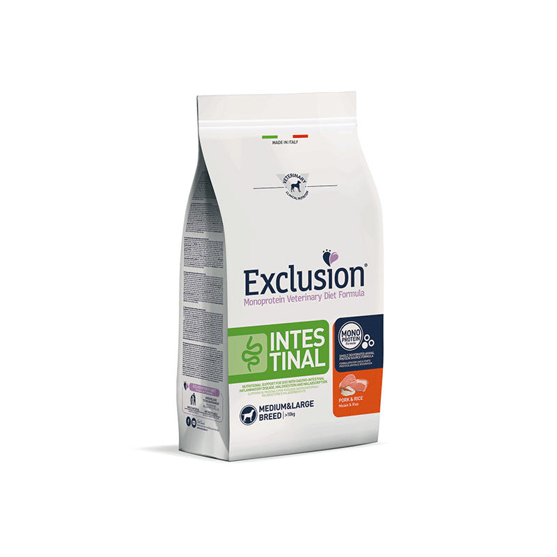 Exclusion Intestinal maistas šunims su kiauliena ir ryžiais, M/L, 12 kg