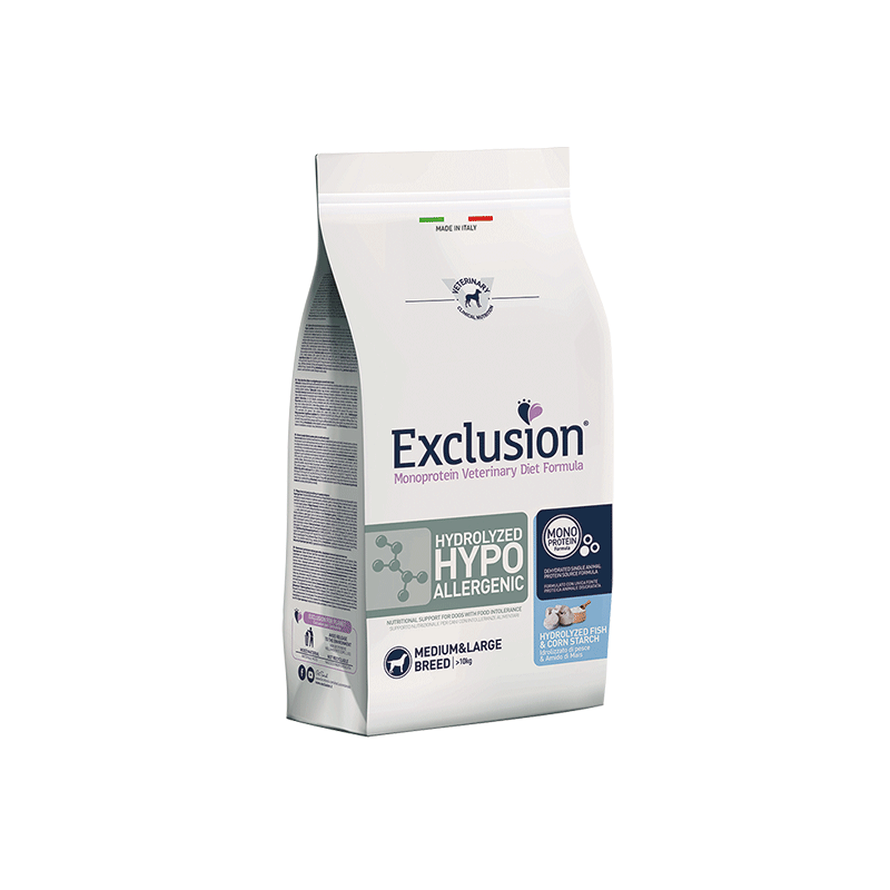 Exclusion Hypoallergenic maistas šunims su žuvimi ir kukurūzu krakmolu, M/L, 12 kg