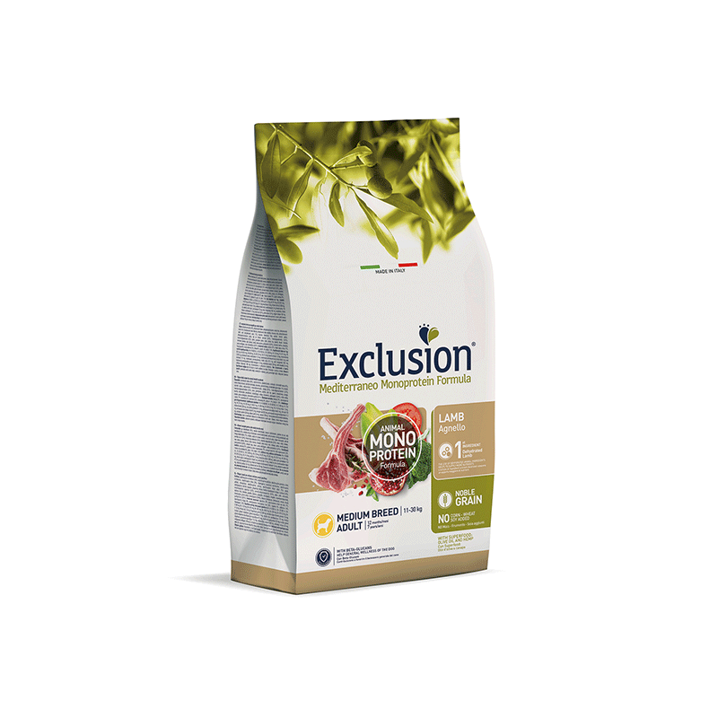 Exclusion Mediterraneo maistas šunims su ėriena, M, 12 kg