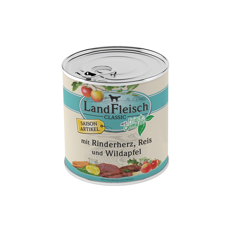 LandFleisch šunų konservai su jaučių širdelėmis, ryžiais ir obuoliais