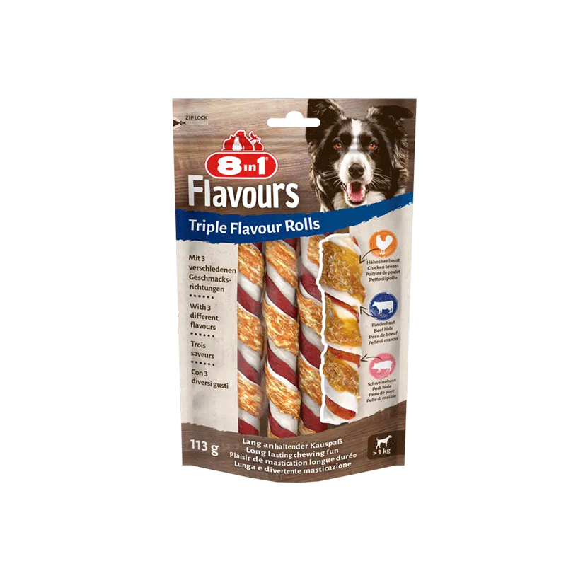 8in1 Flavours trigubo skonio apsuktos lazdelės šunims, 113 g