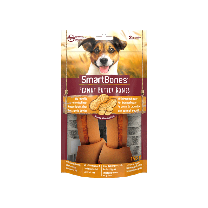 SmartBones Peanut Butter Bones skanėstai su riešutų sviestu vidutinio dydžio veislių šunims, 2 vnt.