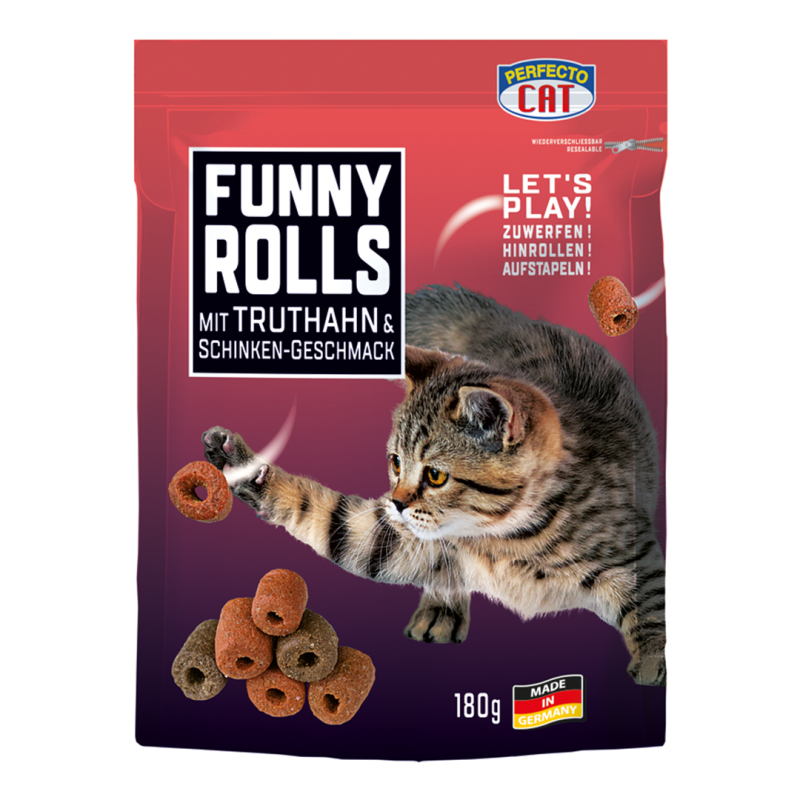 Perfecto Cat Funny Rolls kalakutienos ir kumpio skanėstai katėms, 180 g