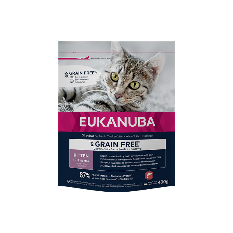 Eukanuba Grain Free Kitten maistas kačiukams su lašiša, 400 g