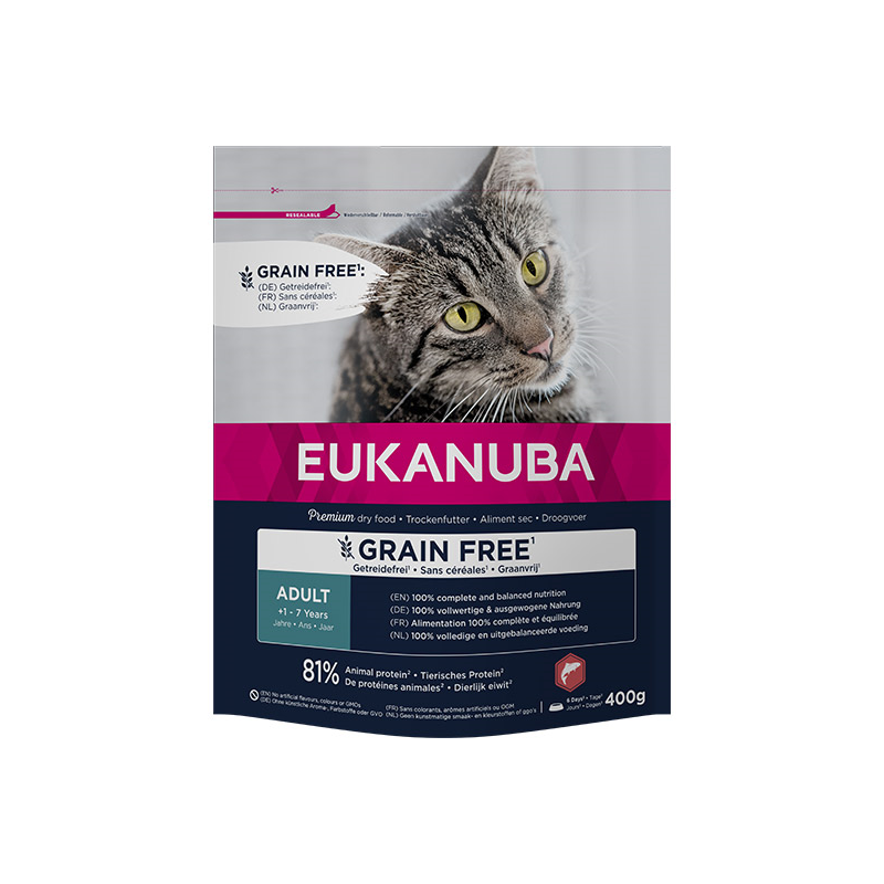Eukanuba Grain Free Adult maistas katėms su lašiša, 400 g