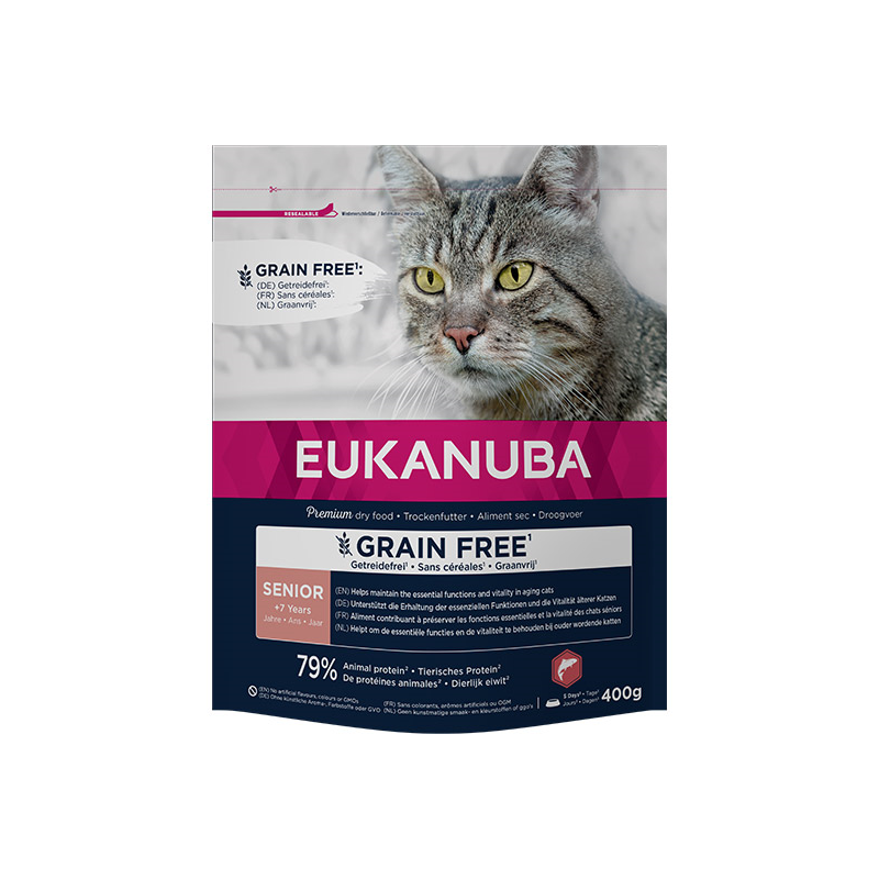 Eukanuba Grain Free Senior maistas katėms su lašiša, 400 g