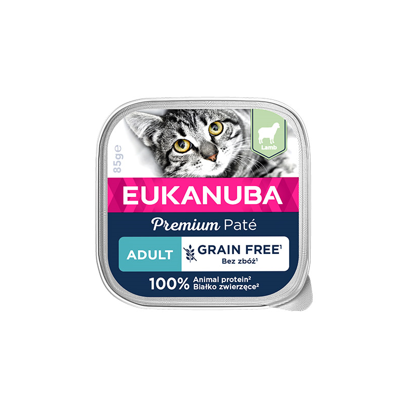 Eukanuba Grain Free Adult Pate konservai katėms su ėriena, 85 g