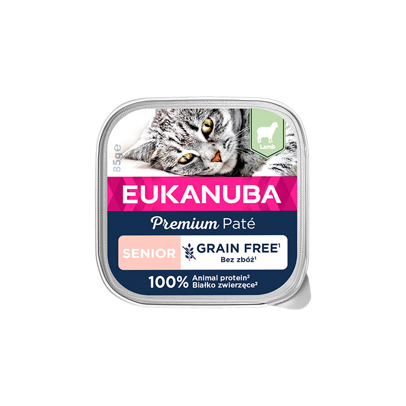 Eukanuba Grain Free Senior Pate konservai katėms su ėriena, 85 g