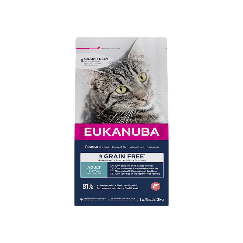 Eukanuba Grain Free Adult maistas katėms su lašiša, 2 kg