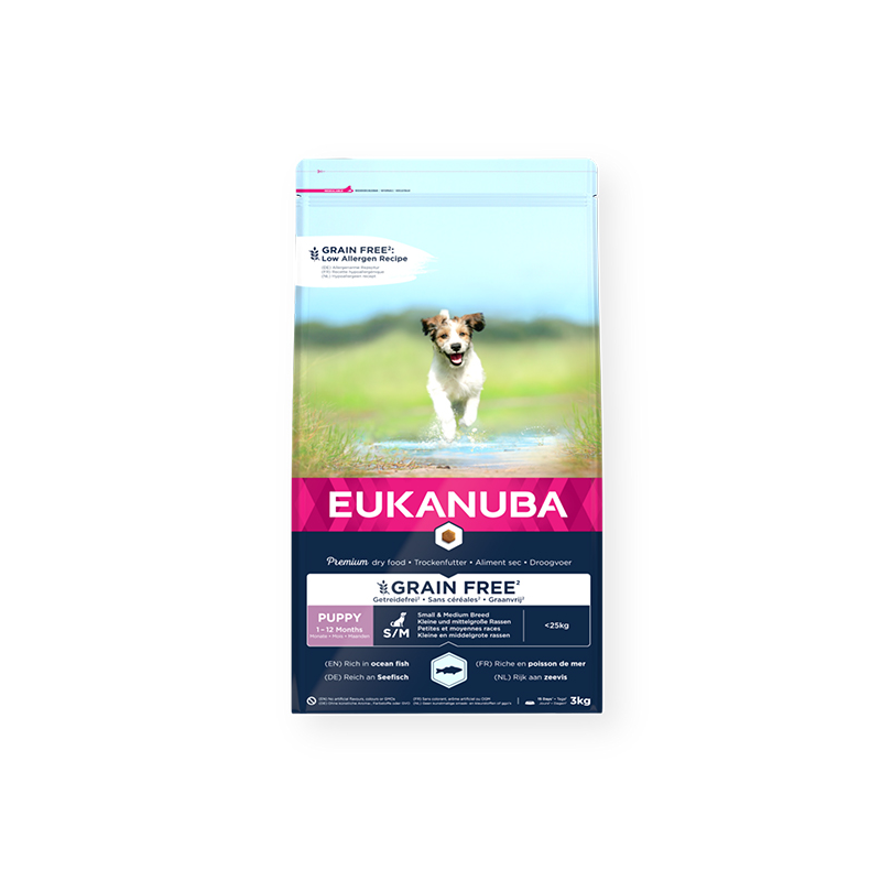 Eukanuba Grain Free Puppy S/M sausas maistas šuniukams su žuvimi, 3 kg