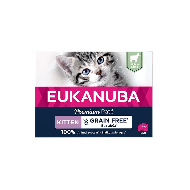 Eukanuba Grain Free Kitten Pate paštetas kačiukams su ėriena, 12x85 g