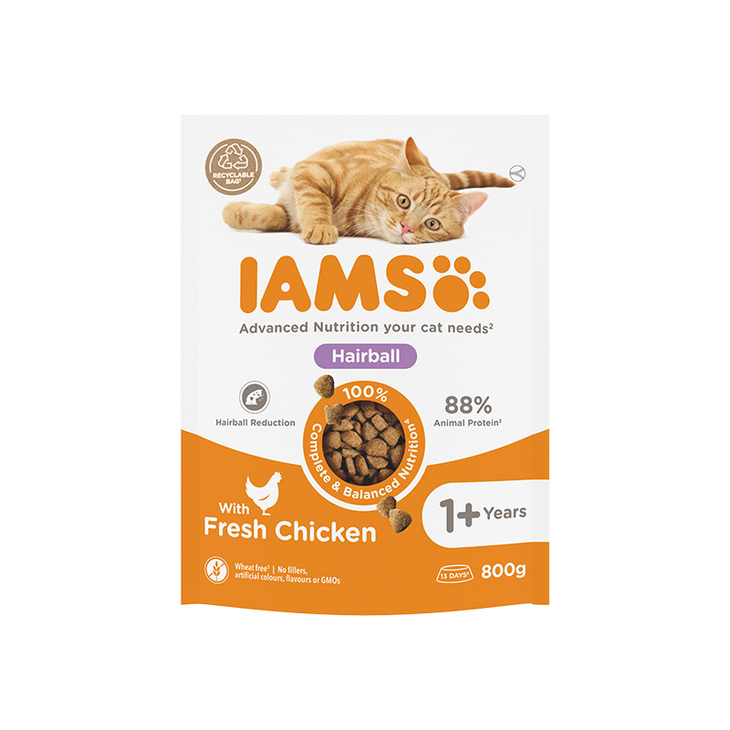 IAMS Hairball Control sausas maistas katėms su vištiena, 800 g