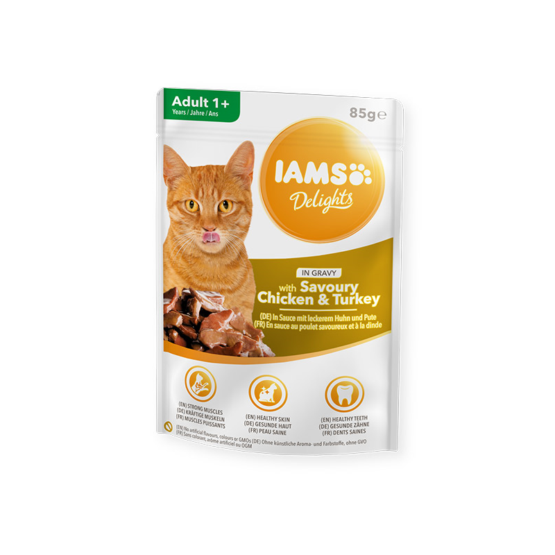 IAMS Delights konservai katėms su vištiena ir kalakutiena, 85 g