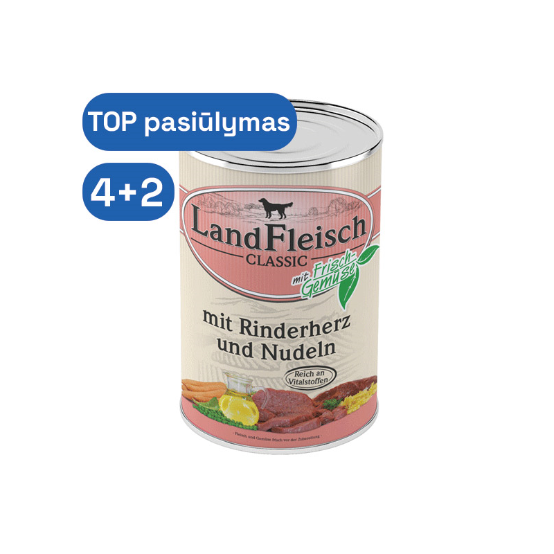 LandFleisch konservai šunims su jaučių širdelėmis ir makaronais, 400 g
