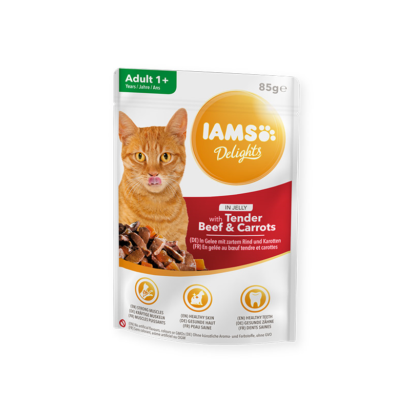 IAMS Delights konservai katėms su jautiena ir morkomis, 85 g