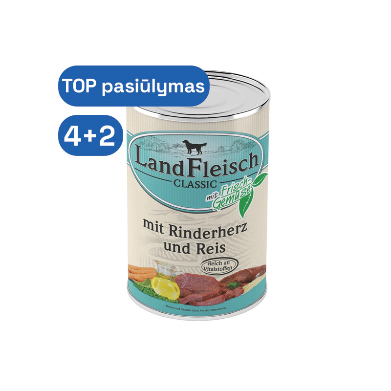 LandFleisch konservai šunims su jaučių širdelėmis ir ryžiais, 400 g