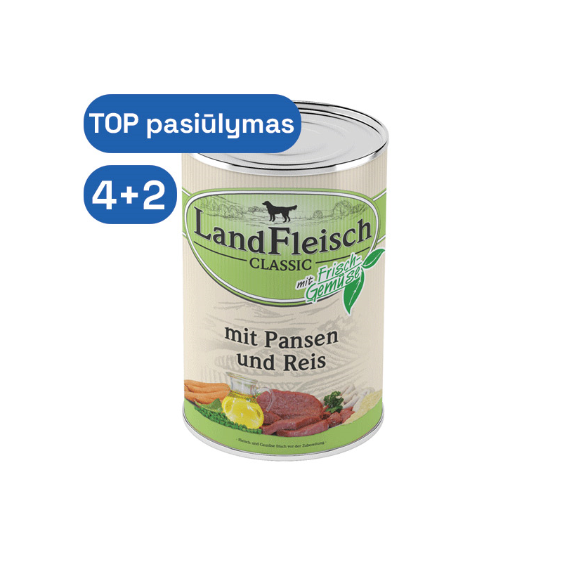 LandFleisch konservai šunims su jaučių prieskrandžiais ir ryžiais, 400 g