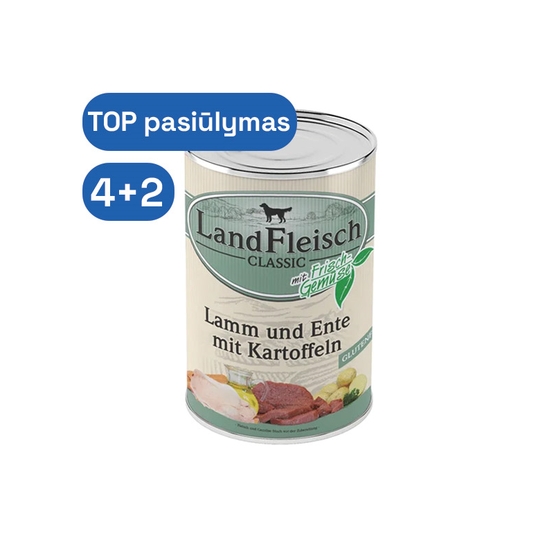 LandFleisch konservai šunims su ėriena, antiena ir bulvėmis, 400 g
