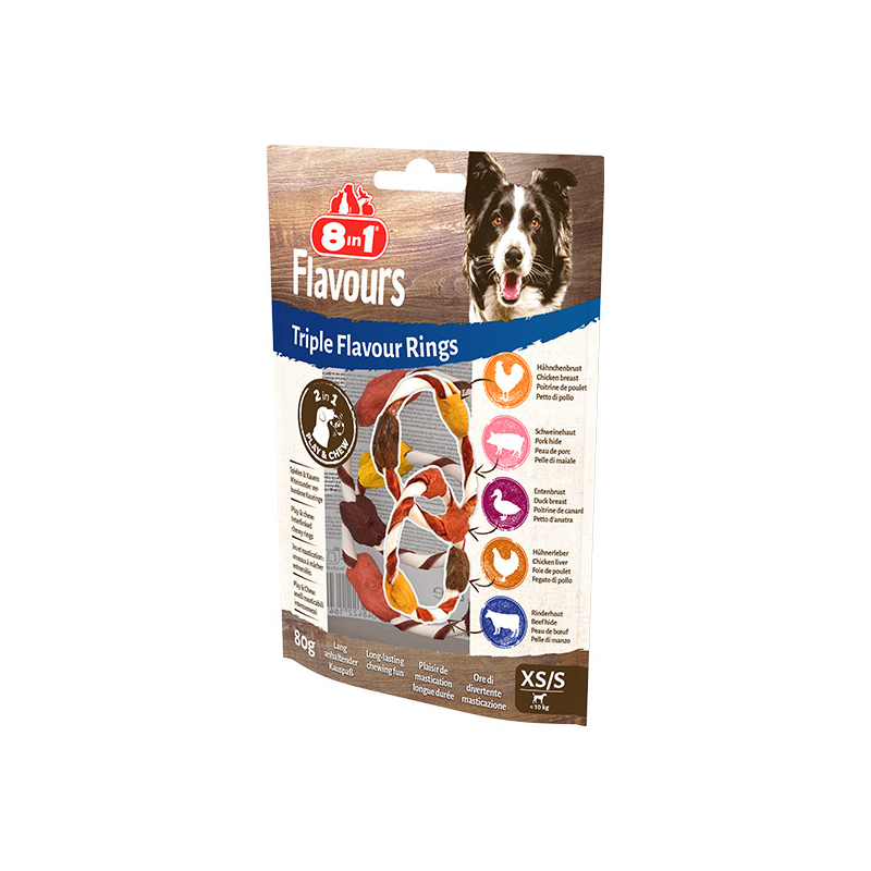 8in1 Flavours trigubo skonio žiedai skanėstai šunims, XS/S, 80 g