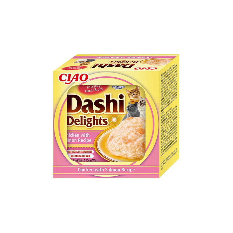 Ciao Dashi Delight plėšyta lašiša sultinyje katėms, 70 g