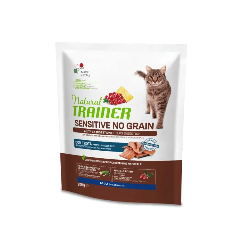 Natural Trainer Sensitive No Gluten sausas maistas su upėtakiu katėms, 300 g