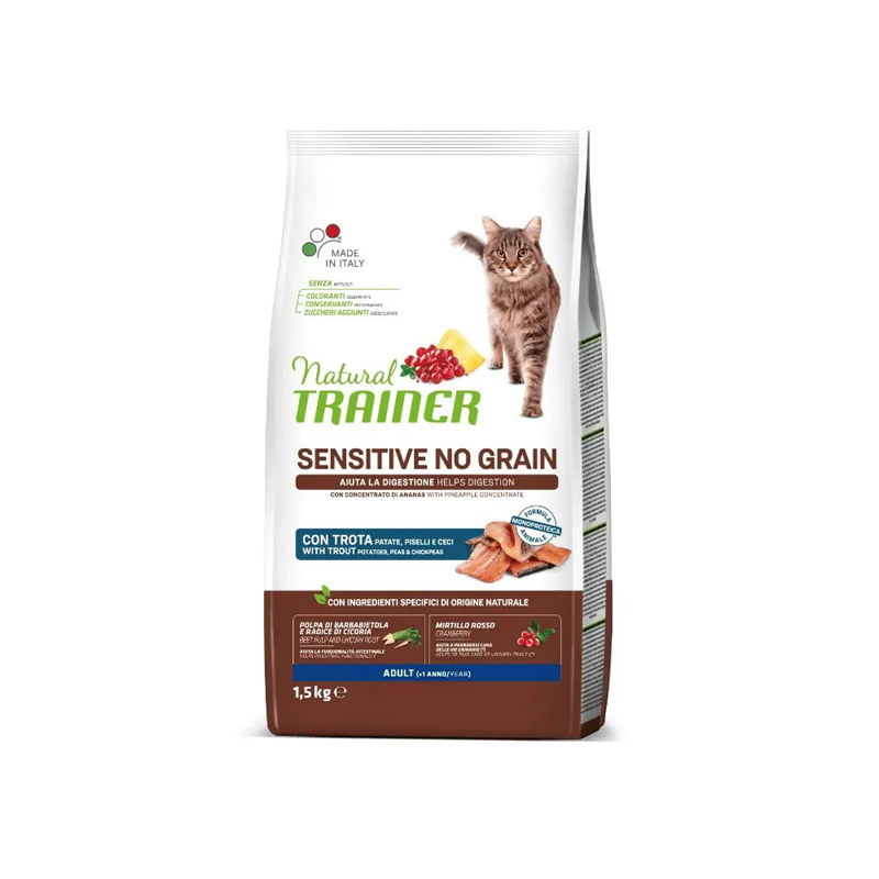 Natural Trainer Sensitive No Gluten sausas maistas su upėtakiu katėms, 1,5 kg