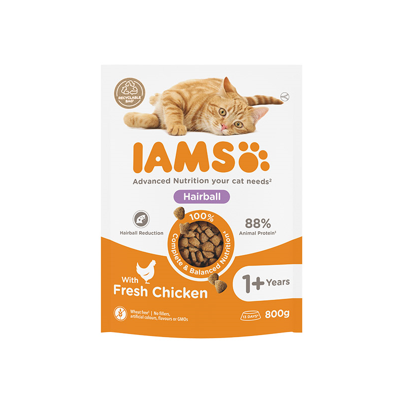 IAMS Hairball Control sausas maistas katėms su vištiena, 800 g