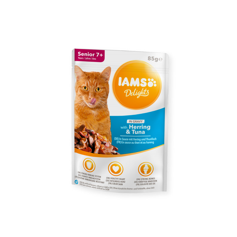 IAMS Delights konservai senyvoms katėms su tunu ir silke, 85 g