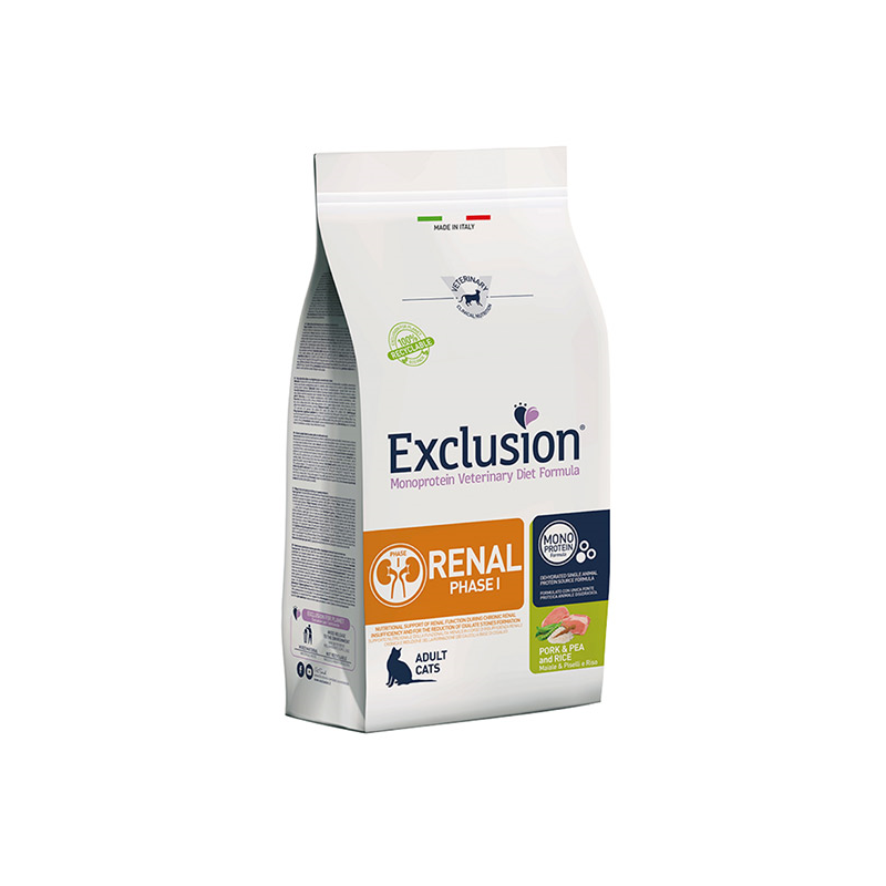 Exclusion Renal Diet Phase I maistas katėms su kiauliena, žirniais ir ryžiais, 1,5 kg