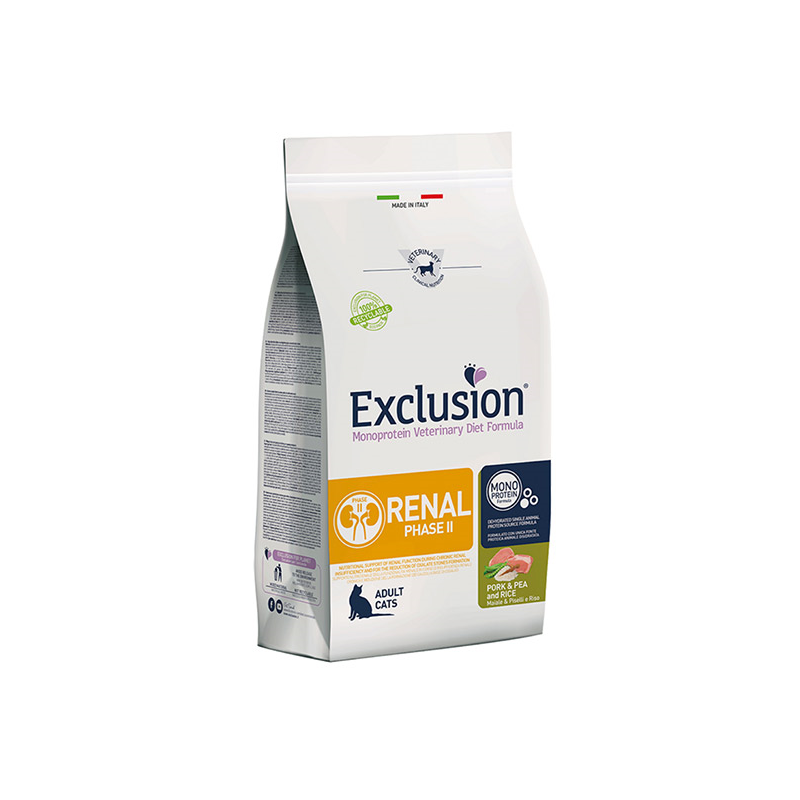 Exclusion Renal Diet Phase II sausas maistas katėms su kiauliena, žirniais ir ryžiais, 1,5 kg