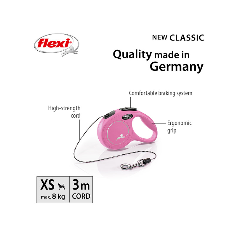 Flexi New Classic Cord virvinis, rožinis pavadėlis šunims, XS, 3 m