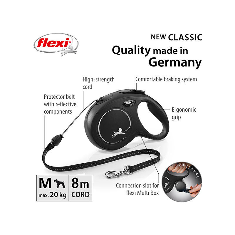 Flexi New Classic Cord virvinis, juodas pavadėlis šunims, M, 8 m