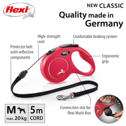 Flexi New Classic Cord virvinis, raudonas pavadėlis šunims, M, 5 m