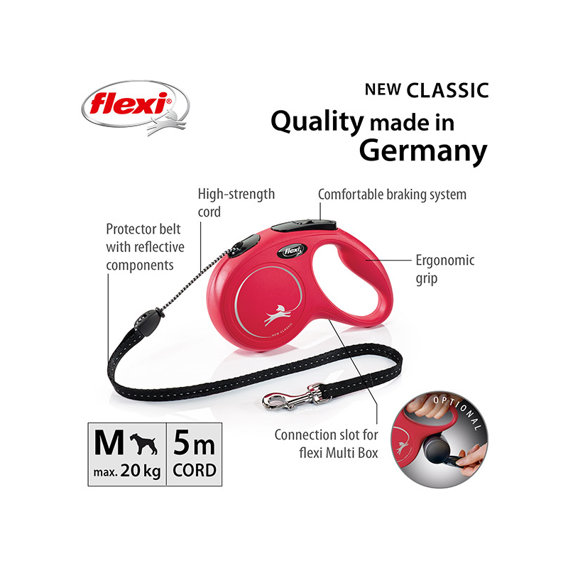 Flexi New Classic Cord virvinis, raudonas pavadėlis šunims, M, 5 m