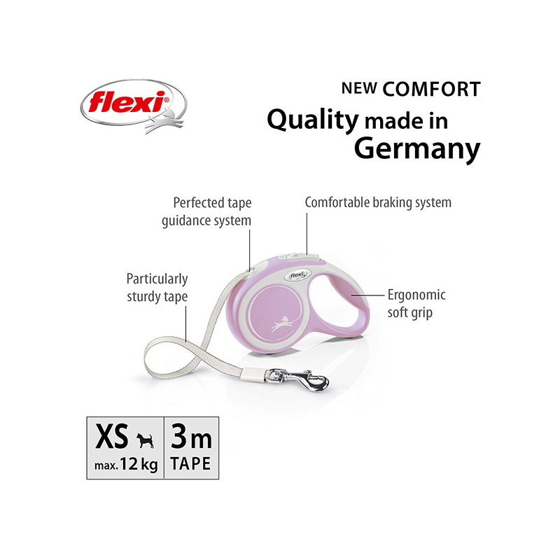 Flexi New Comfort Tape juostinis, rožinis pavadėlis šunims, XS, 3 m
