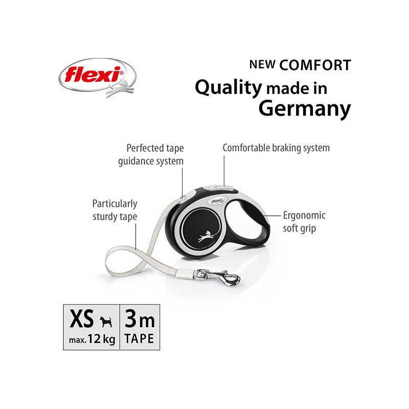 Flexi New Comfort Tape juostinis, juodas pavadėlis šunims, XS, 3 m