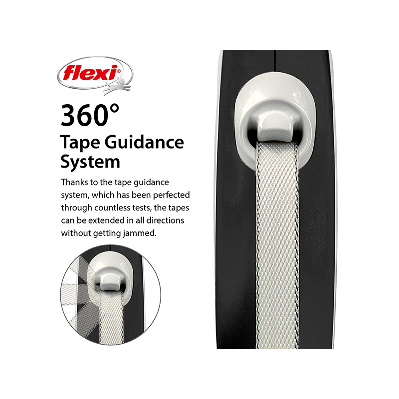 Flexi New Comfort Tape juostinis, juodas pavadėlis šunims, S, 5 m