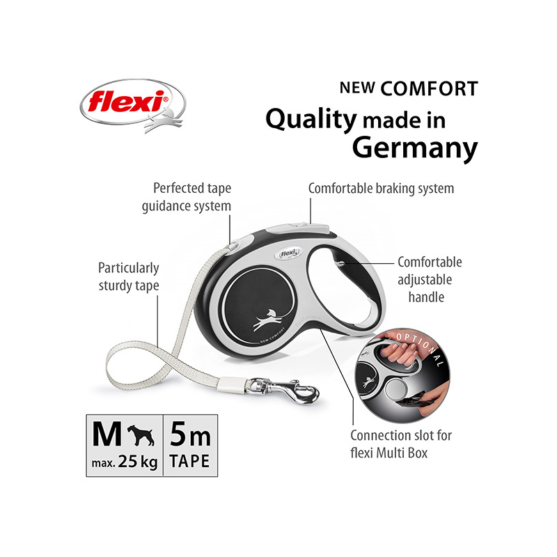 Flexi New Comfort Tape juostinis, juodas pavadėlis šunims, M, 5 m