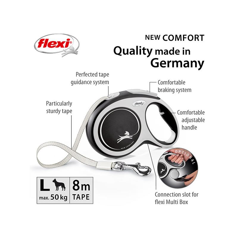 Flexi New Comfort Tape juostinis, juodas pavadėlis šunims, L, 8 m