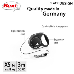 Flexi Black Design virvinis, juodas pavadėlis šunims, XS, 3 m