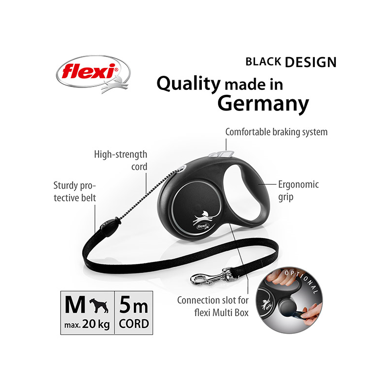 Flexi Black Design virvinis, juodas pavadėlis šunims, M, 5 m