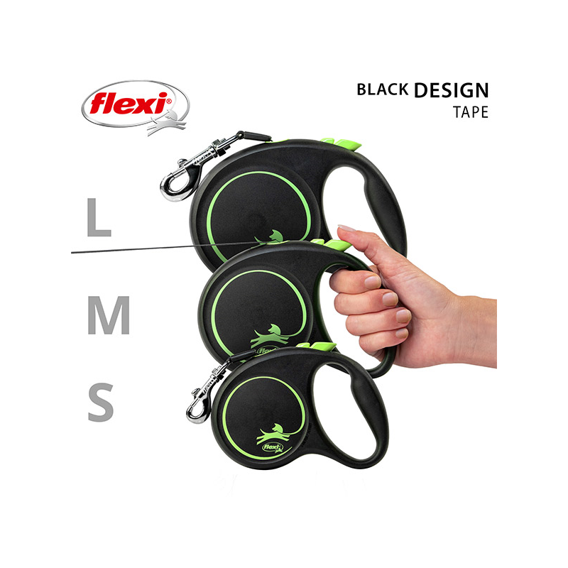 Flexi Black Design juostinis, žalias pavadėlis šunims, S, 5 m
