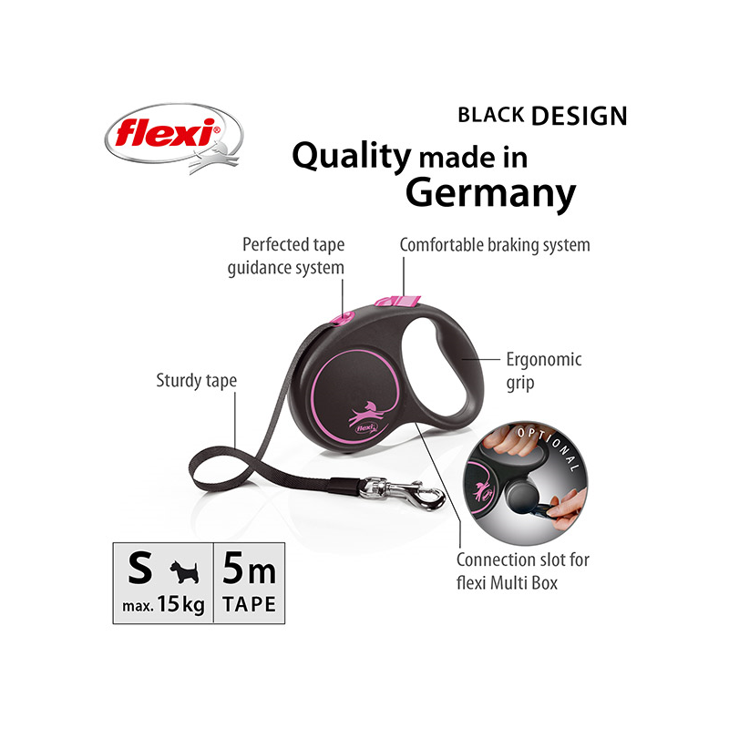 Flexi Black Design juostinis, rožinis pavadėlis šunims, S, 5 m