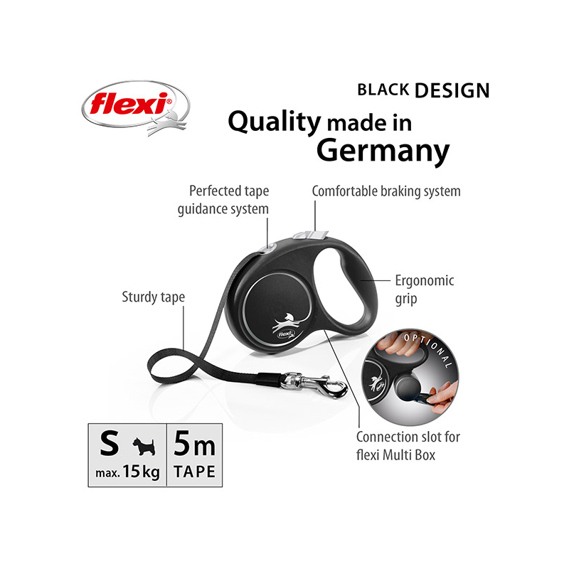 Flexi Black Design juostinis, juodas pavadėlis šunims, S, 5 m