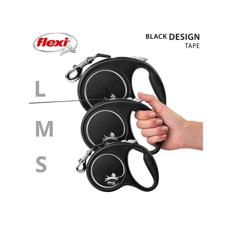 Flexi Black Design juostinis, juodas pavadėlis šunims, S, 5 m