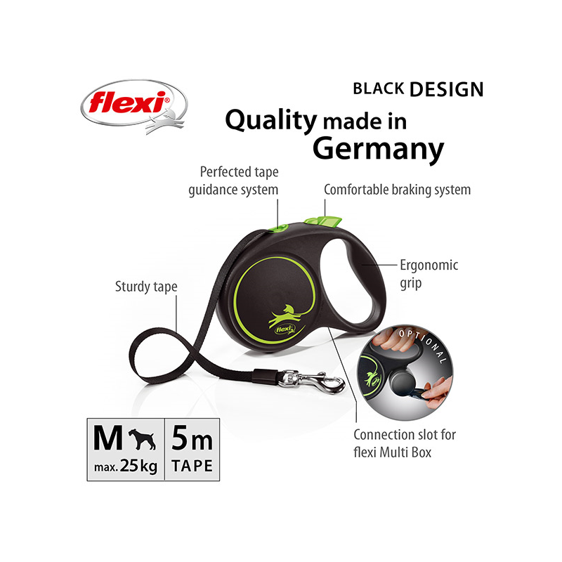 Flexi Black Design juostinis, žalias pavadėlis šunims, M, 5 m