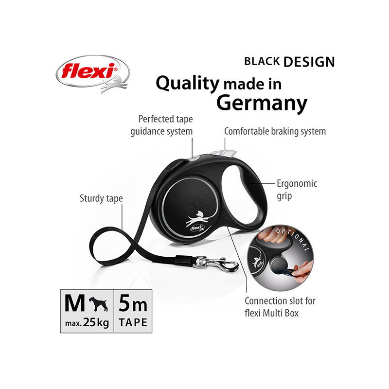 Flexi Black Design juostinis, juodas pavadėlis šunims, M, 5 m