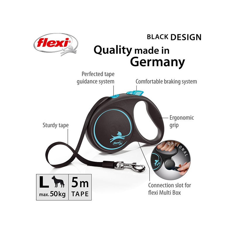 Flexi Black Design juostinis, mėlynas pavadėlis šunims, L, 5 m